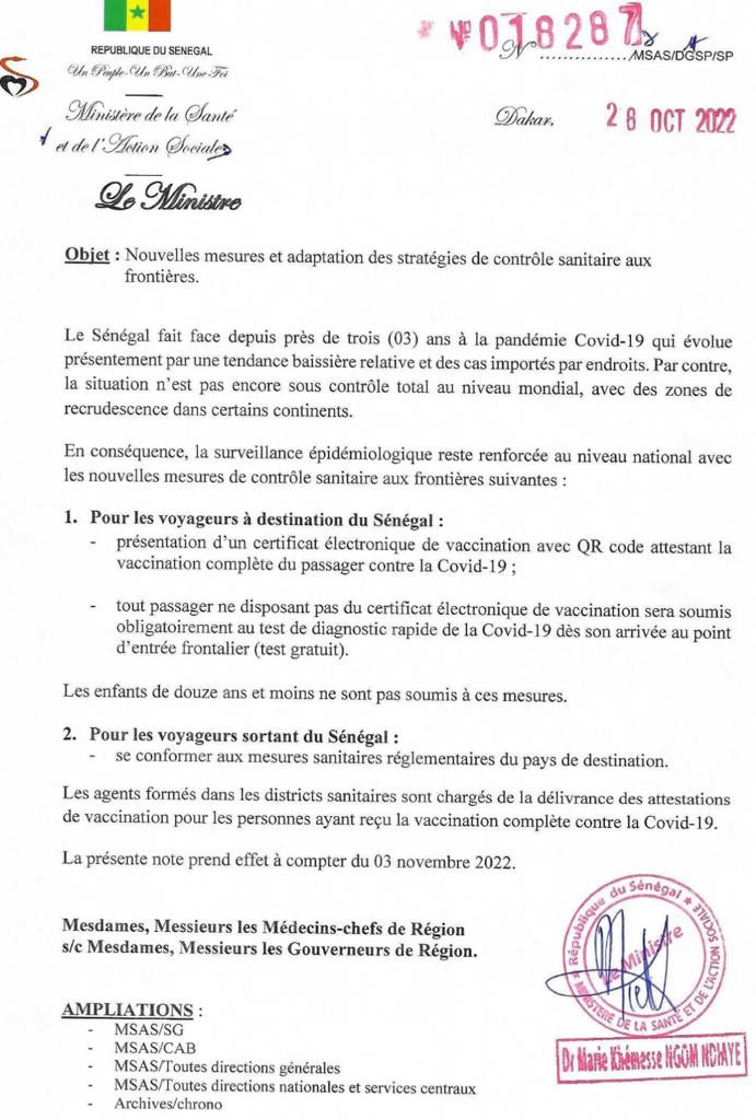 Covid-19 : Le test gratuit pour les entrées sur le territoire sénégalais à partir du 03 novembre 2022 !