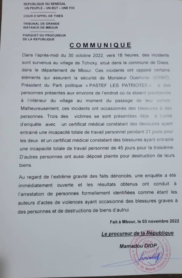 Voici le communiqué du procureur de Mbour sur l'arrestation des éléments de la sécurité de Ousmane Sonko