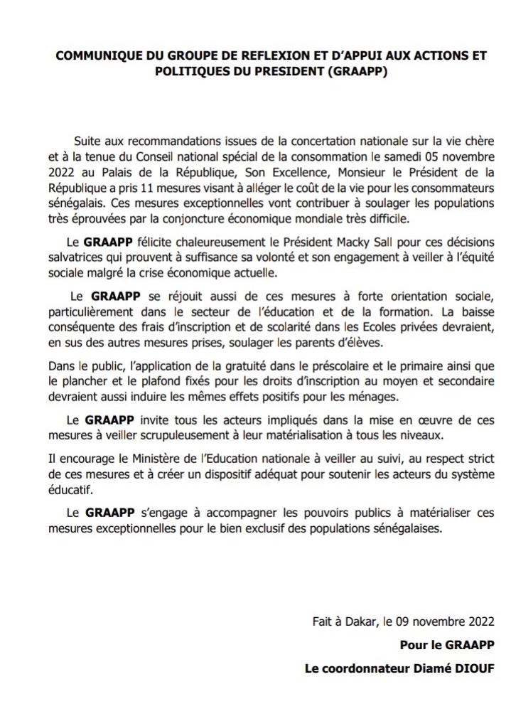 Cherté de la vie : Le GRAAPP invite à la matérialisation des 11 mesures du président de la République et parle de "décisions salvatrices".
