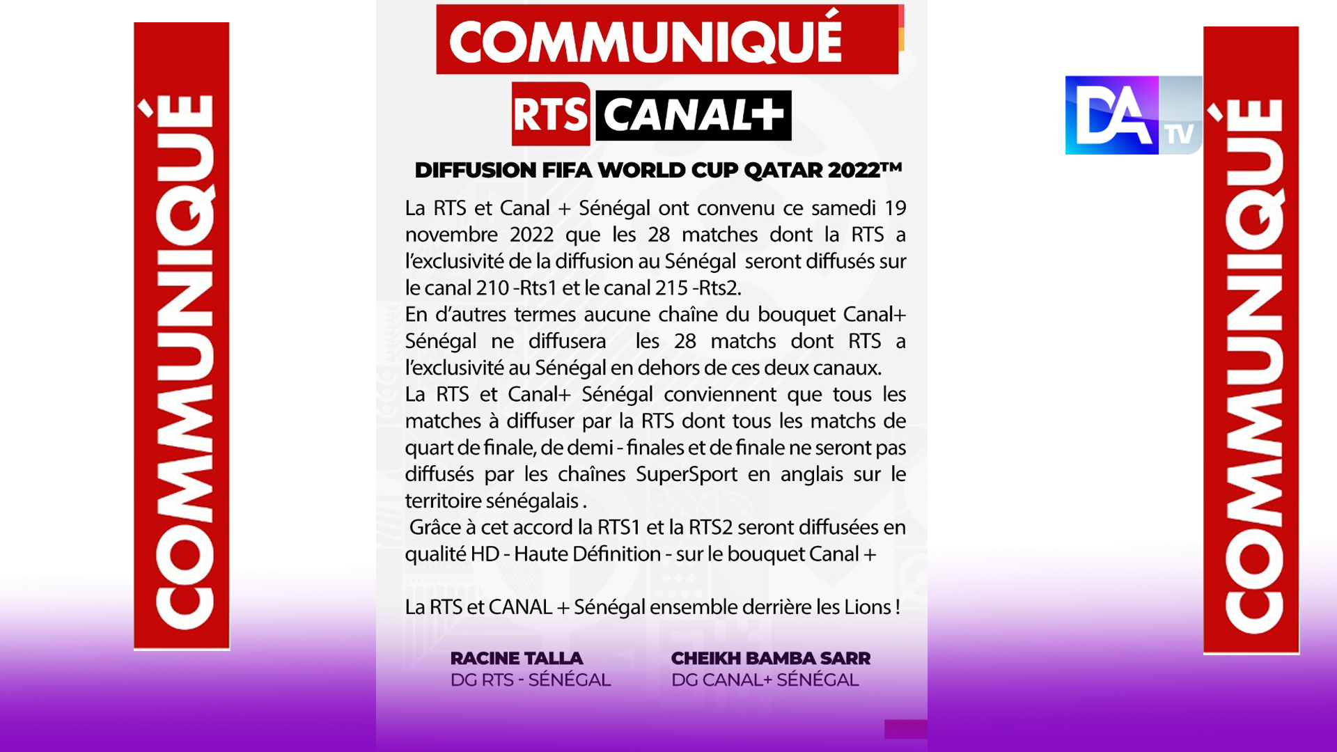 Diffusion de la coupe du monde Qatar 2022 : "aucune chaîne du bouquet canal+ ne diffusera les 28 matches dont la RTS à l'exclusivité" (communiqué)