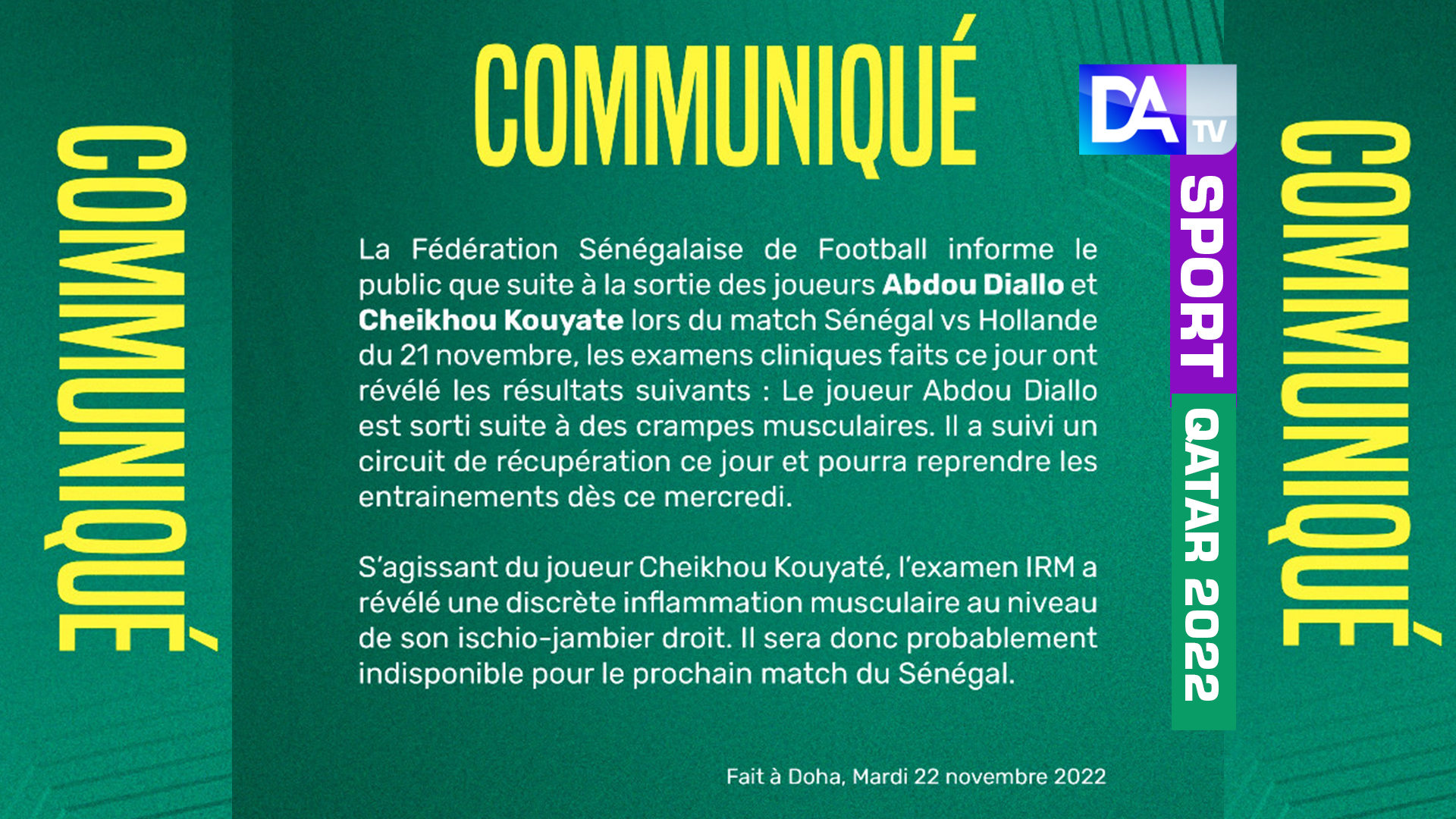 Équipe  nationale : La FSF annonce le forfait de Kouyaté contre le Qatar, Abdou Diallo encore incertain…(communiqué)