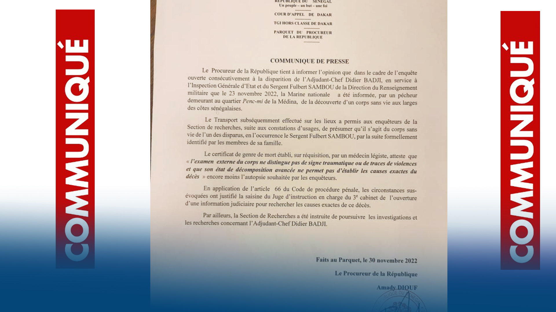 Disparition du sergent Fulbert Sambou : "L'examen externe du corps ne distingue pas de signe traumatique ou de traces de violences" (Procureur)