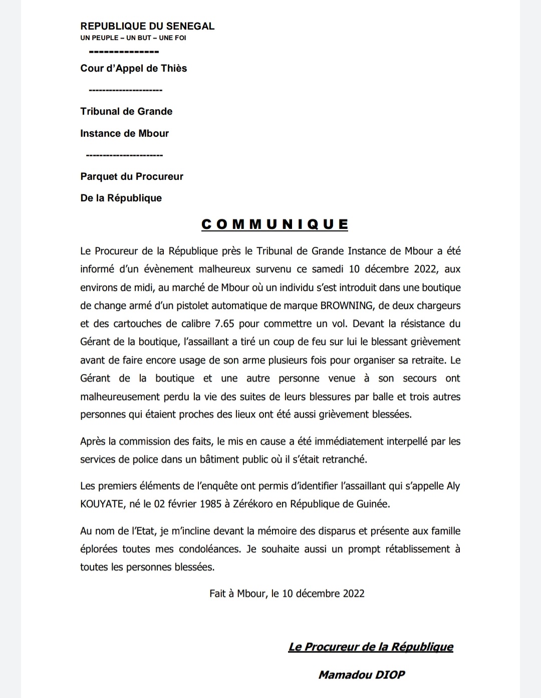 Mbour: le parquet fait état de 02 morts et de 03 blessés...(Procureur de Mbour)