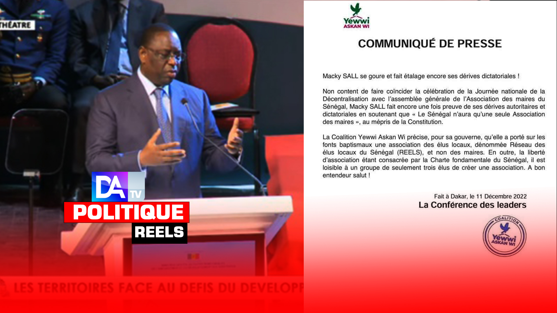 "Le Sénégal n'aura qu'une seule association des maires!" : La coalition YAW répond au président Macky Sall et parle de dérives "autoritaires" et "dictatoriales".
