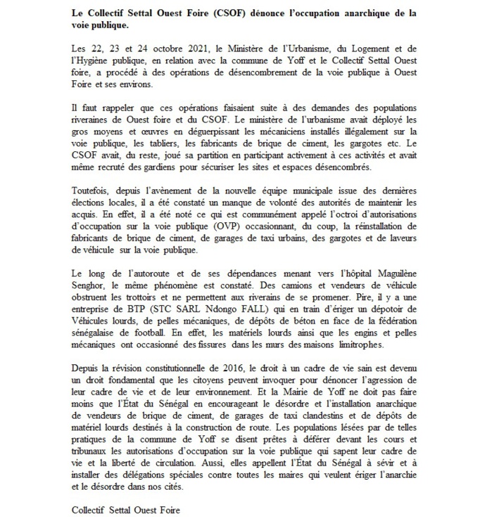 Le Collectif Settal Ouest Foire (CSOF) dénonce l’occupation anarchique de la voie publique.