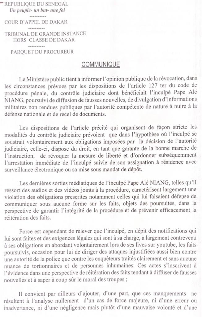 Révocation du contrôle judiciaire de Pape Alé Niang  : Les explications du procureur de la république.