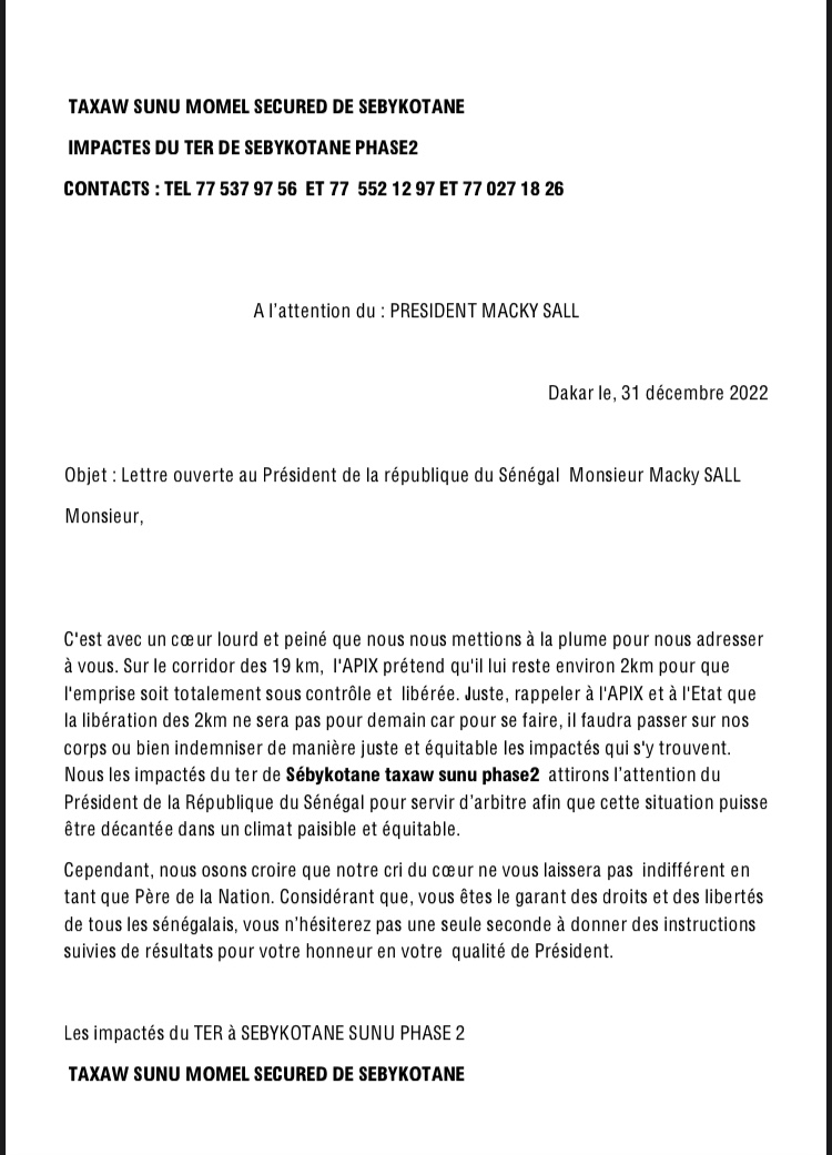 Phase 2 du TER: les impactés de Sébikotane alertent sur leurs situations et demandent l’arbitrage du Chef de l’Etat
