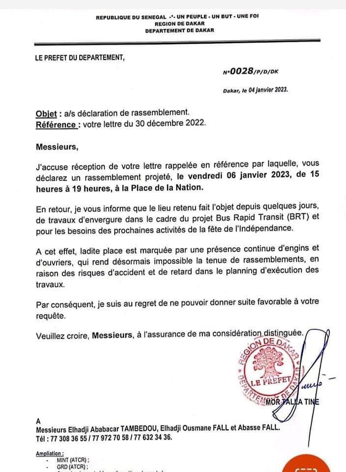 Mobilisation du 06 janvier : Le préfet de Dakar interdit le rassemblement de l’opposition