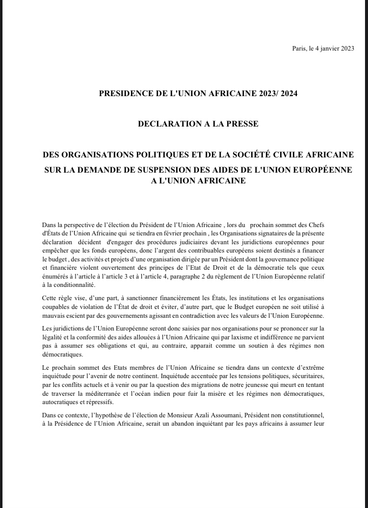 Présidence de l’UA 2023 - 24 : Des organisations panafricaines alertent sur l’élection du futur président et demandent la suspension des aides de l’UE à l’UA.