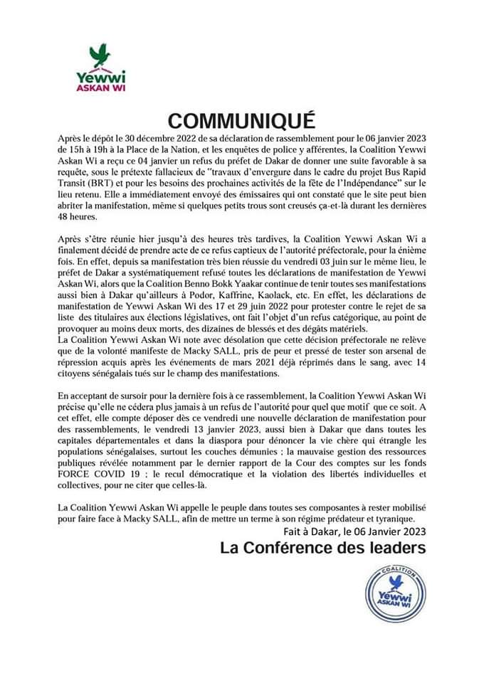 Place de la nation : La coalition Yewwi Askan wi prend acte, surseoit à la mobilisation de ce vendredi, mais remet ça le 13 prochain