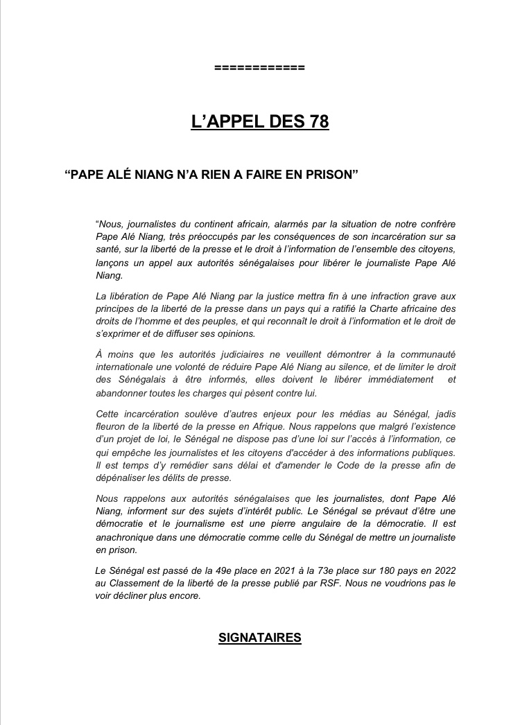 Emprisonnement de Pape Alé Niang : 78 journalistes africains émettent un appel pour sa libération.