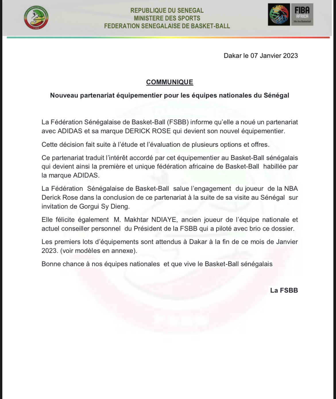 Nouvel équipementier : La fédération sénégalaise de basket s’engage avec Adidas et Derick Rose !