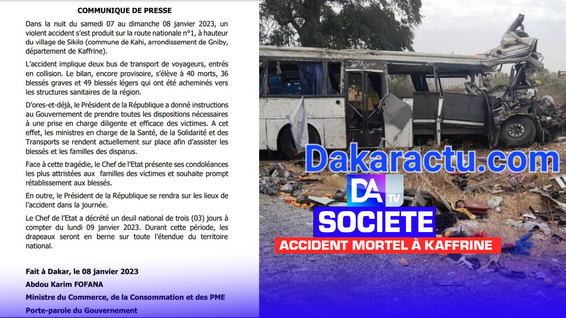 Accident mortel à Kaffrine : Le bilan provisoire est de 40 morts, selon le gouvernement...