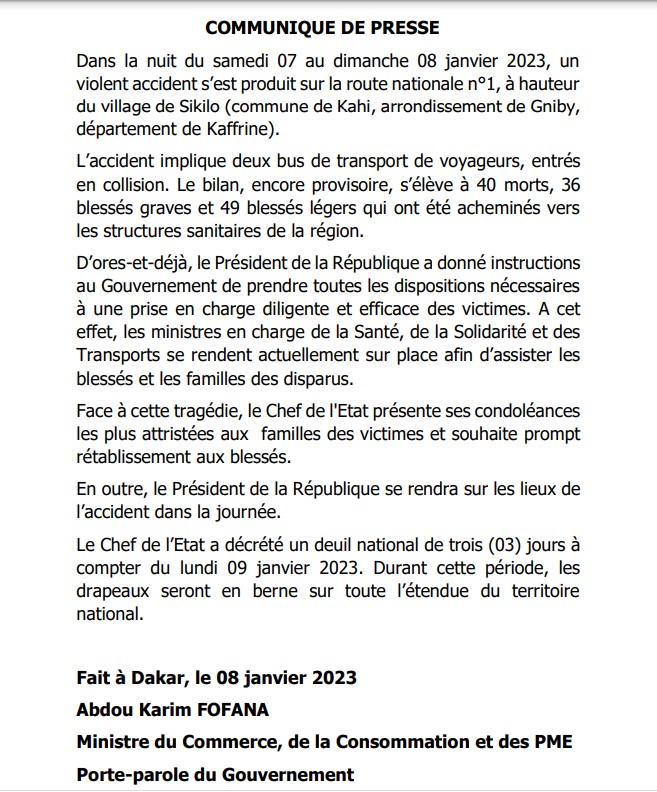 Accident mortel à Kaffrine : Le bilan provisoire est de 40 morts, selon le gouvernement...