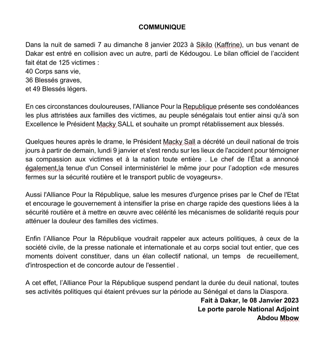 Accident mortel à Kaffrine : L'APR appelle les acteurs politiques à plus de solidarité dans de pareilles circonstances...