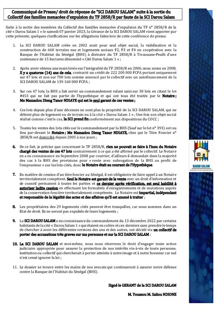 Familles menacées de délogement à Tivaoune Peulh : "Les propriétaires des 29 logements cités peuvent être tranquilles. Ils ne seront pas expulsés de leurs maisons." (SCI Darou Salam)