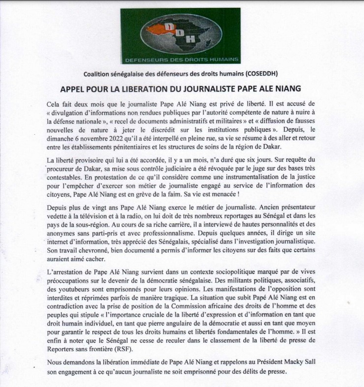 Affaire Pape Alé Niang : La Coalition sénégalaise des défenseurs des droits humains (COSEDDH), appelle à la libération du journaliste…