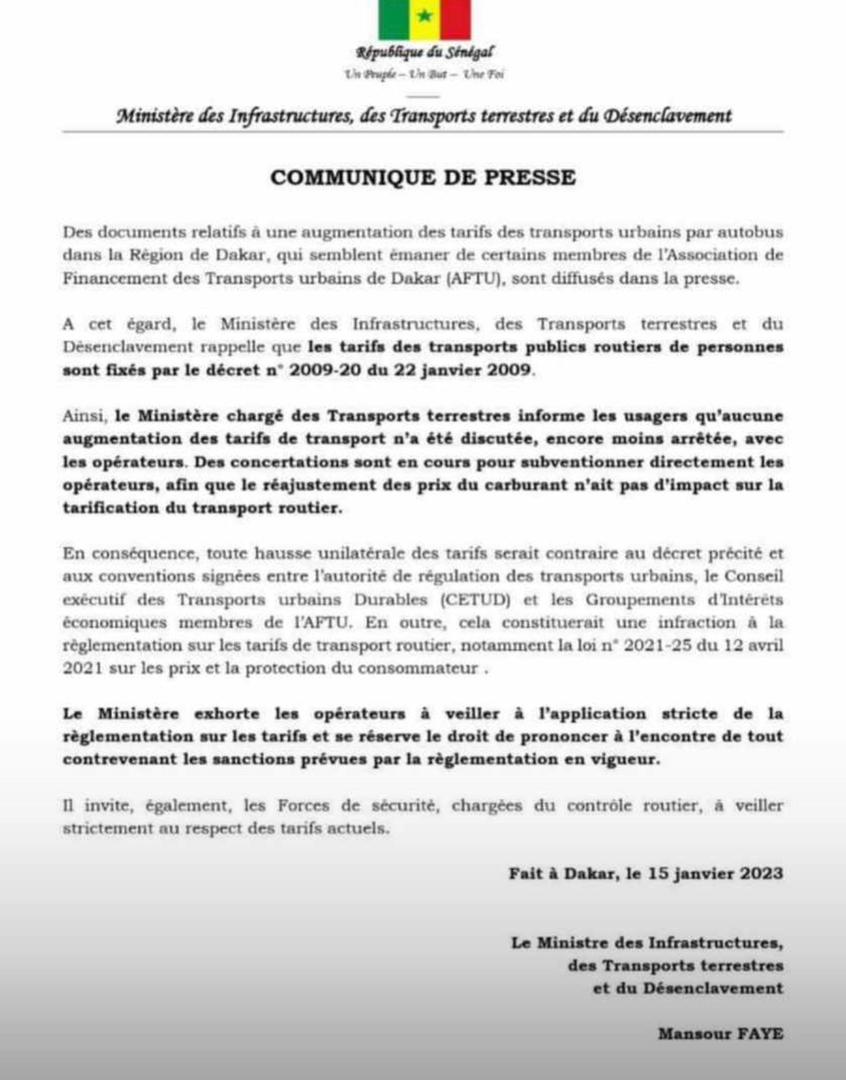 Augmentation du prix du transport des bus AFTU : Le ministère de tutelle menace de sévir contre toute infraction à la réglementation…