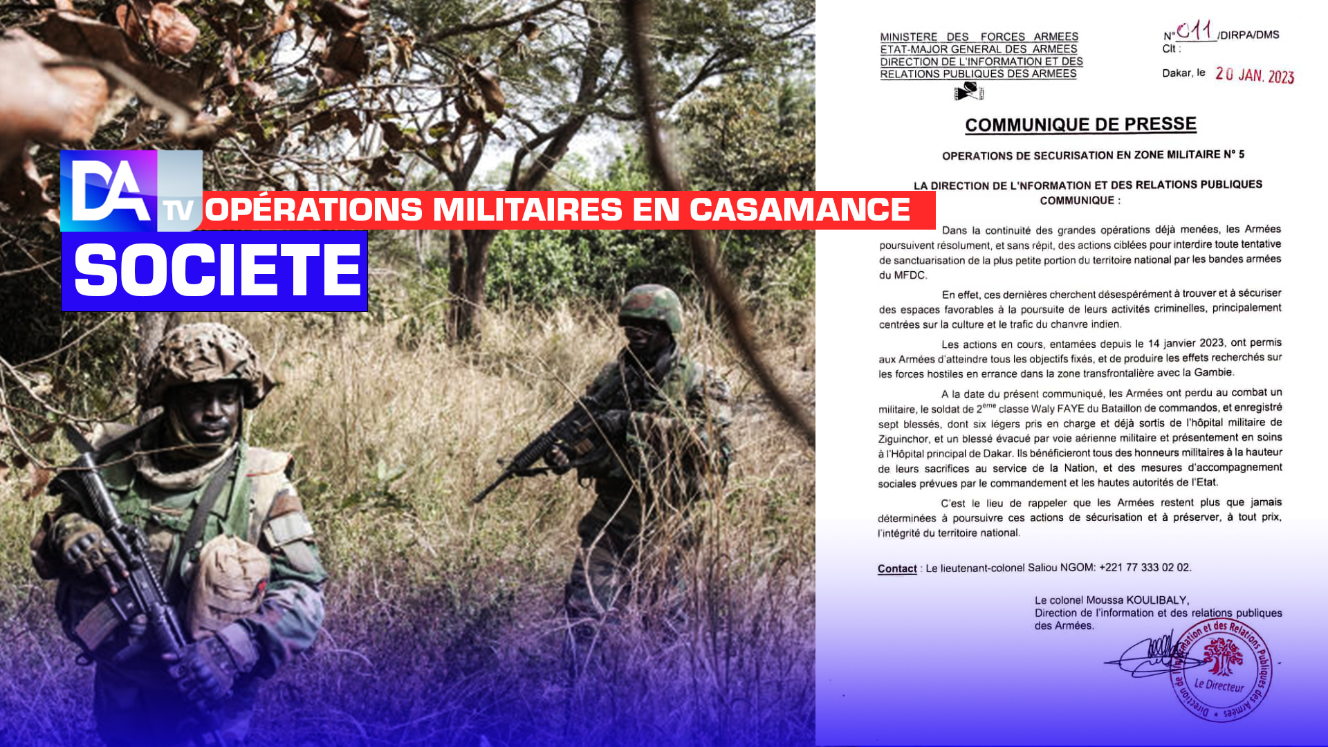 Opérations militaires en Casamance : L’armée confirme le décès d’un commando et fait état de sept blessés