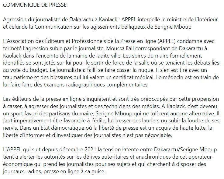 Agression du journaliste de Dakaractu à Kaolack par les partisans de Serigne Mboup  : APPEL interpelle les ministres de l’Intérieur et de la Communication
