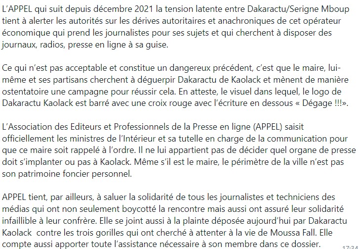 Agression du journaliste de Dakaractu à Kaolack par les partisans de Serigne Mboup  : APPEL interpelle les ministres de l’Intérieur et de la Communication