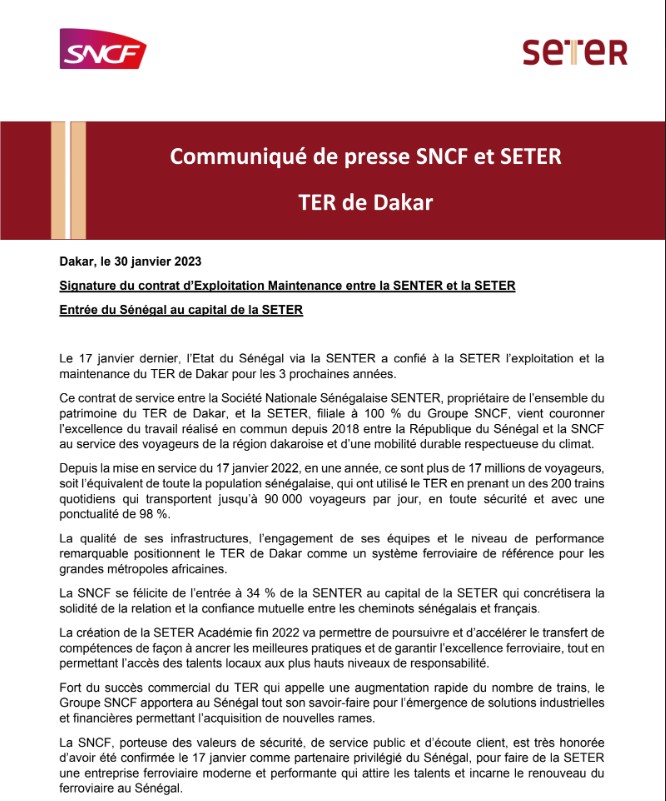 Signature du contrat d’Exploitation Maintenance entre la SENTER et la SETER Entrée du Sénégal au capital de la SETER
