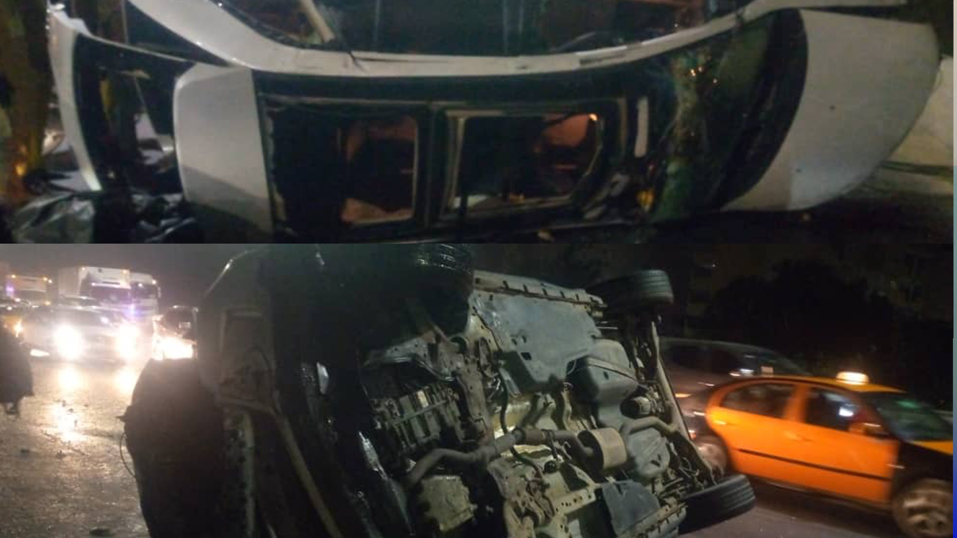 Accident sur l'autoroute une voiture de marque ford s'est renversé les quatre pneus à l'air