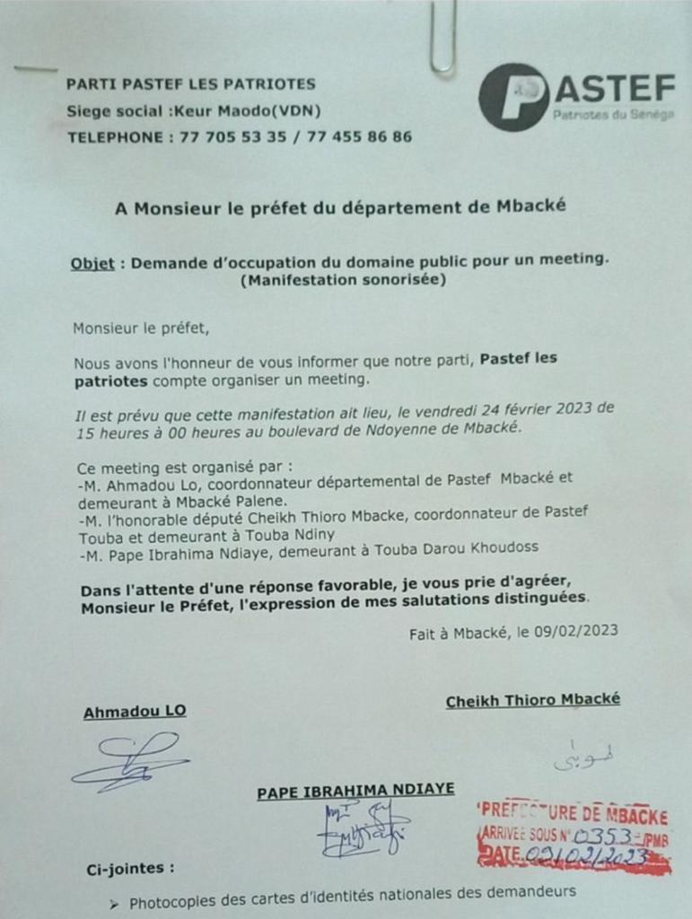 PASTEF DE MBACKÉ - Une nouvelle déclaration de meeting déposée pour le vendredi 24 février