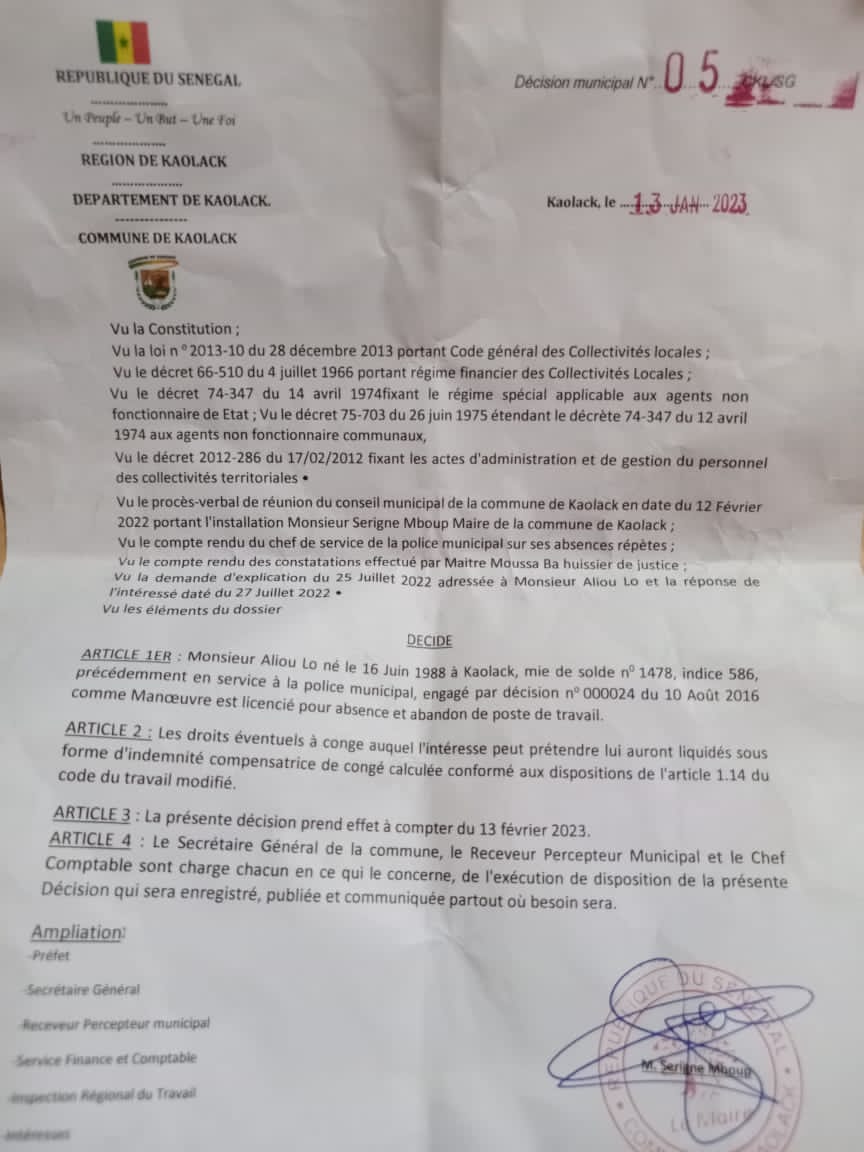 Mairie de Kaolack : Voici la lettre de licenciement de l'agent municipal Aliou Lô...Une lettre truffée de fautes.