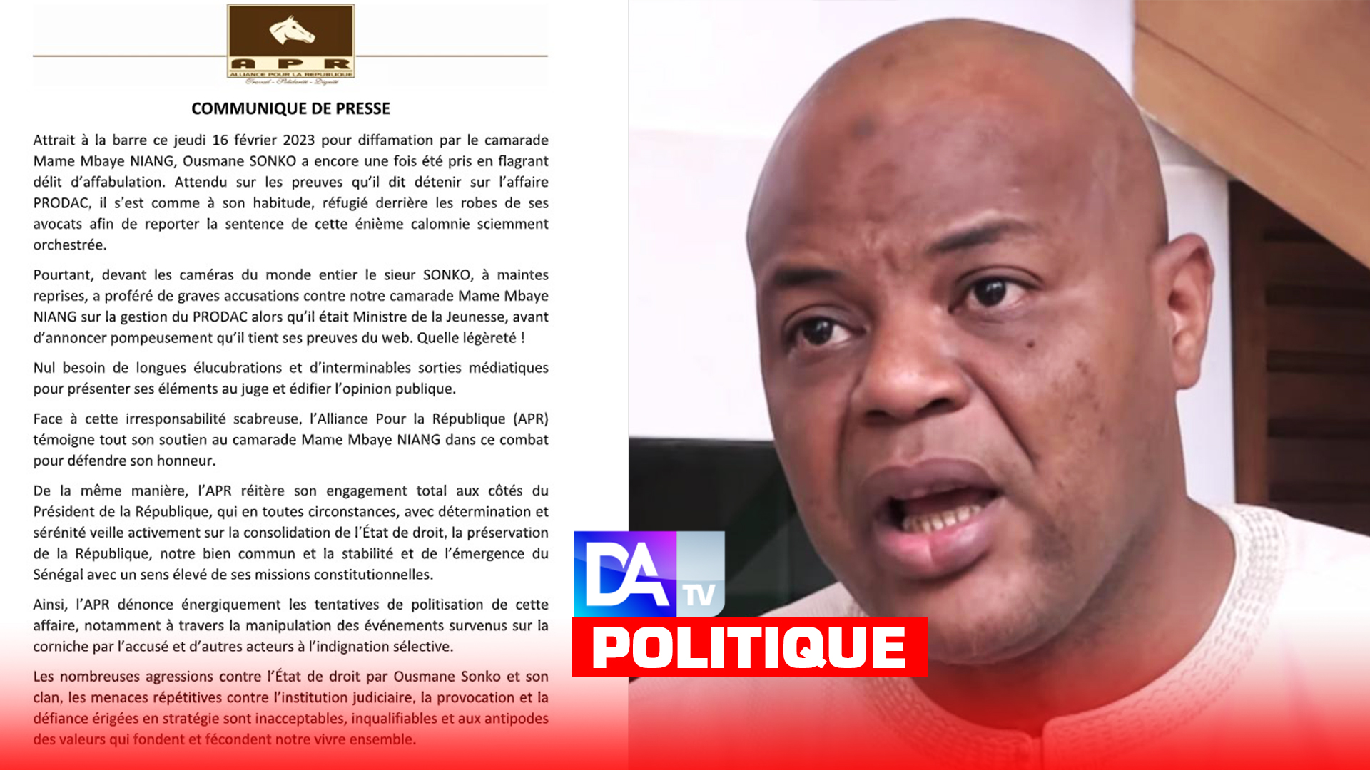 Procès en diffamation: L'Apr apporte son soutien à Mame Mbaye Niang et tance sévèrement Ousmane Sonko