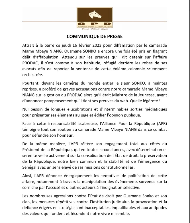 Procès en diffamation: L'Apr apporte son soutien à Mame Mbaye Niang et tance sévèrement Ousmane Sonko