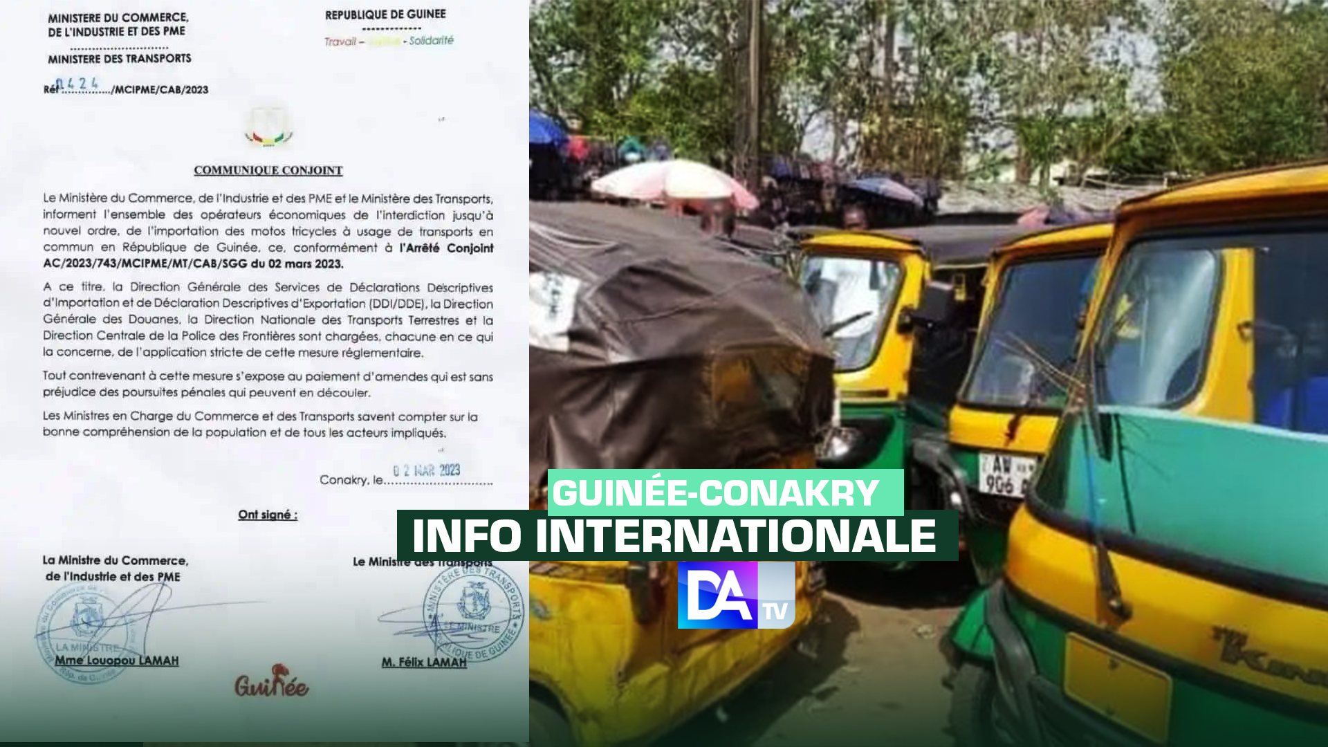 Guinée-Conakry : un communiqué conjoint des ministres du commerce et du transport interdit l'importation de motos tricycles à usage de transport en commun...