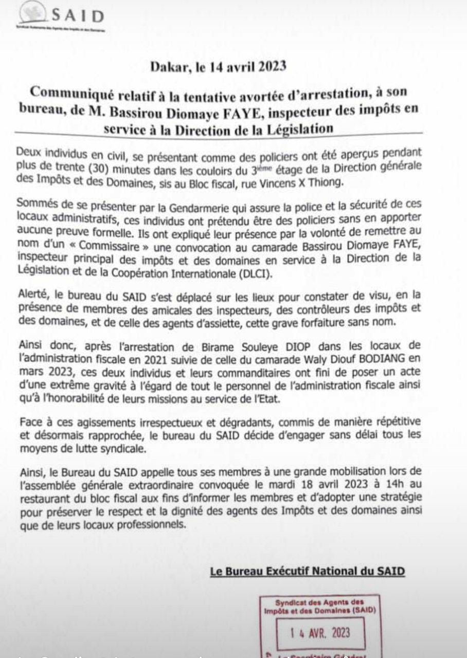 Bassirou Diomaye Faye dans le collimateur de la DIC: Le SAID dénonce une tentative de déstabilisation de l’administration fiscale et appelle à une mobilisation le 18 avril