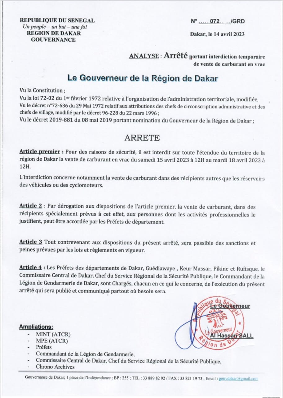 Dakar: Interdiction de la vente de carburant en vrac du samedi 15 avril 2023 à 12 heures au mardi 18 avril 2023 à 12 heures.