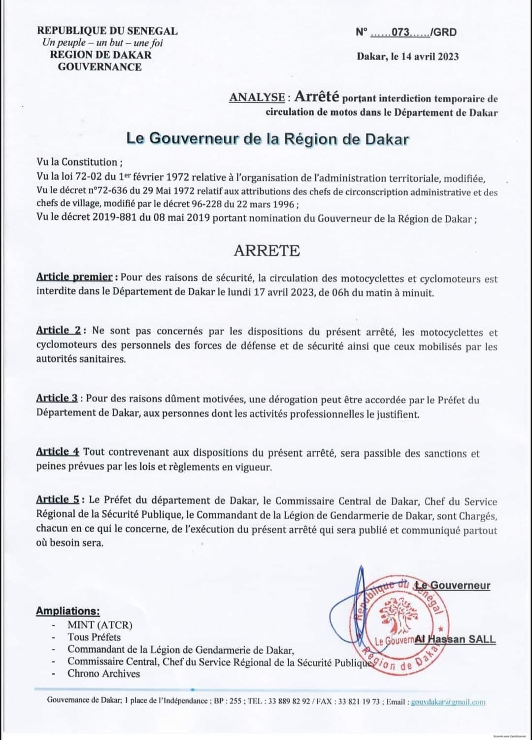Département de Dakar : La circulation de motos interdites ce lundi de 06h du matin à minuit (Gouverneur)