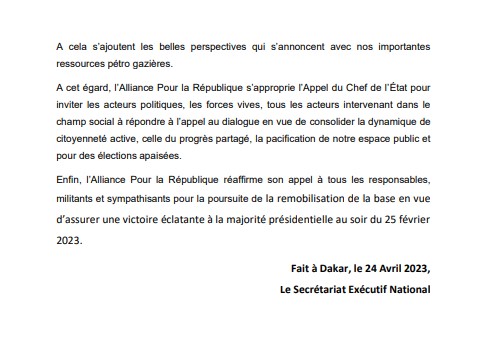 Appel au dialogue lancé par le Président Macky Sall : L'Apr s'en félicite et met en garde l’opposition contre toute tentative de le dévoyer