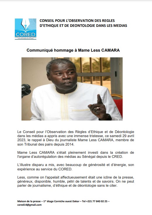 Le CORED rend hommage à Mame Less Camara : « Il a toujours montré de la générosité et mis son expérience au service du conseil »