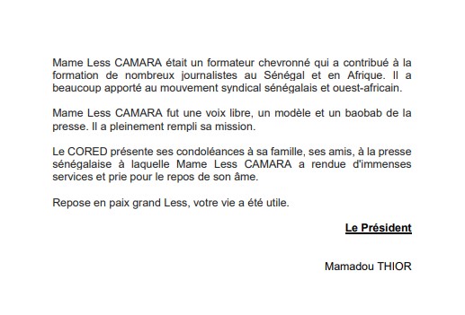 Le CORED rend hommage à Mame Less Camara : « Il a toujours montré de la générosité et mis son expérience au service du conseil »