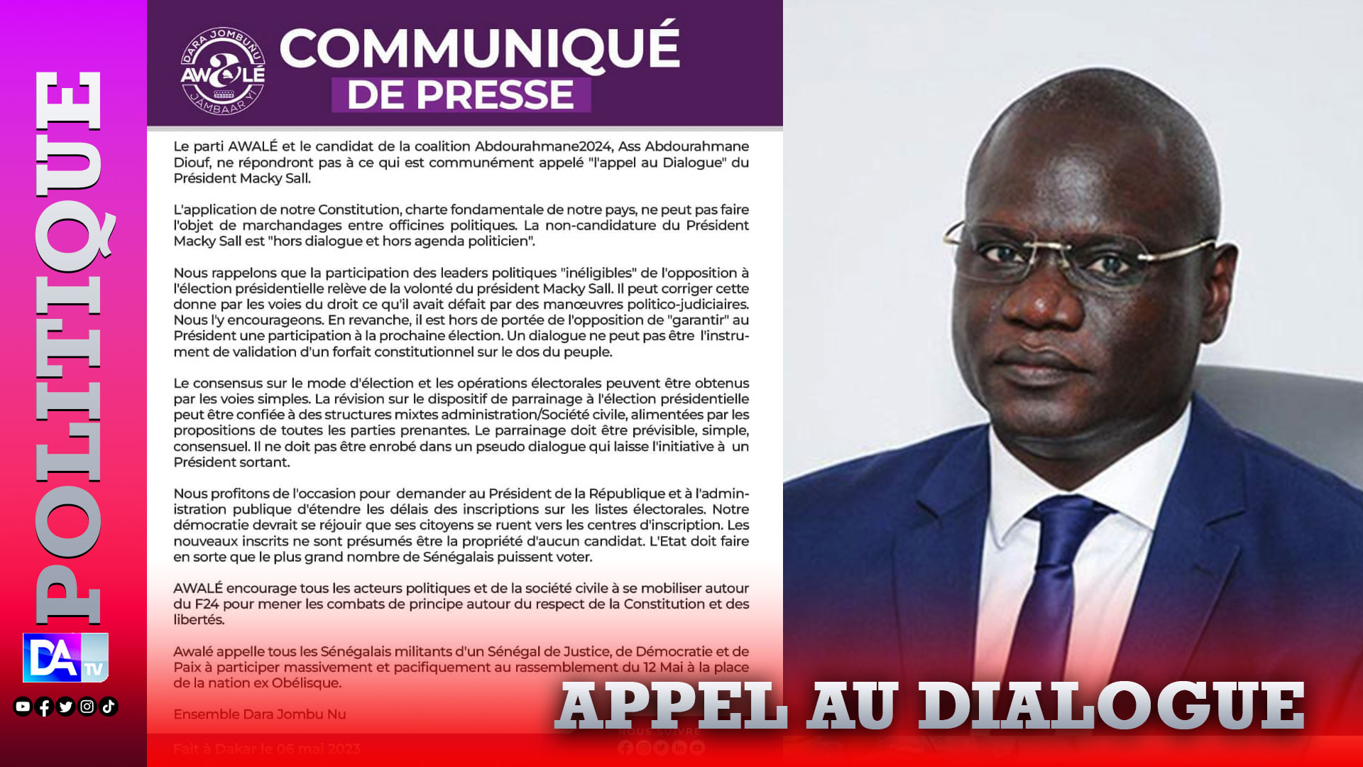 L'appel au dialogue du Président Macky Sall: Le parti Awalé de Abdourahmane Diouf non partant