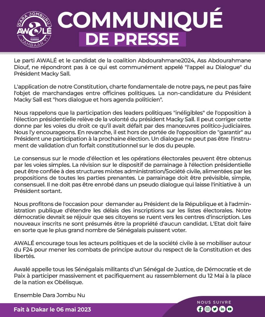 L'appel au dialogue du Président Macky Sall: Le parti Awalé de Abdourahmane Diouf non partant