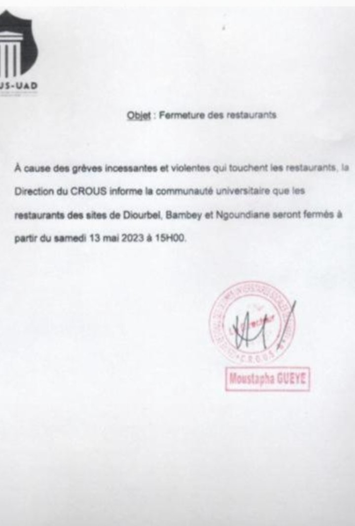 Grèves et violences à l'Université Alioune Diop de Bambey:  La direction du CROUS ferme les restaurants.