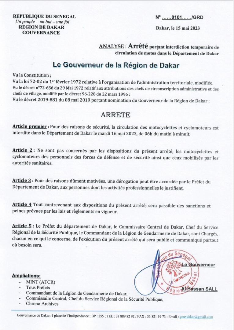 Dakar : Le gouverneur interdit la circulation de motocyclettes et cyclomoteurs ce mardi de 06h du matin à minuit