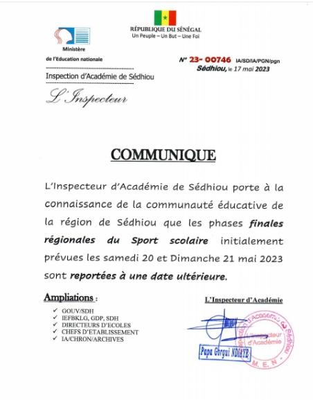SÉDHIOU : L'IA suspend les cours de même que les finales du sport scolaire.
