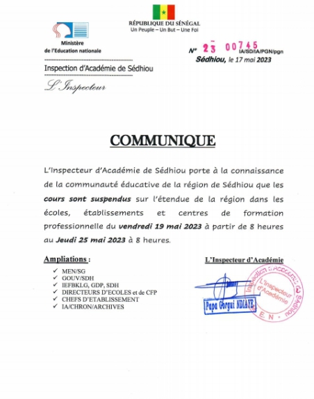 SÉDHIOU : L'IA suspend les cours de même que les finales du sport scolaire.
