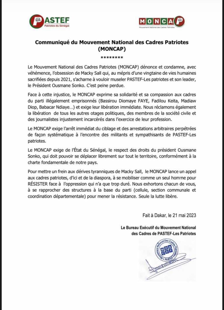Arrestation de militants de Pastef, procès Ousmane Sonko: Le mouvement des cadres patriotes appelle à une résistance générale