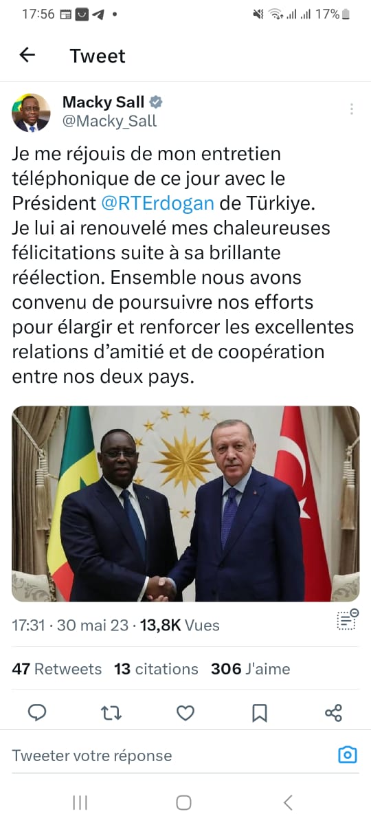 Entretien téléphonique avec le président turc: " Je lui ai renouvelé mes chaleureuses félicitations suite à sa brillante réélection"( Macky Sall)