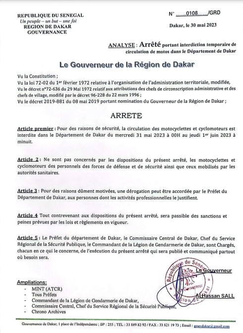 Dakar : Nouvelle décision du gouverneur interdisant la circulation des motocyclettes et cyclomoteurs ce mercredi de 00H au jeudi 1er à minuit.