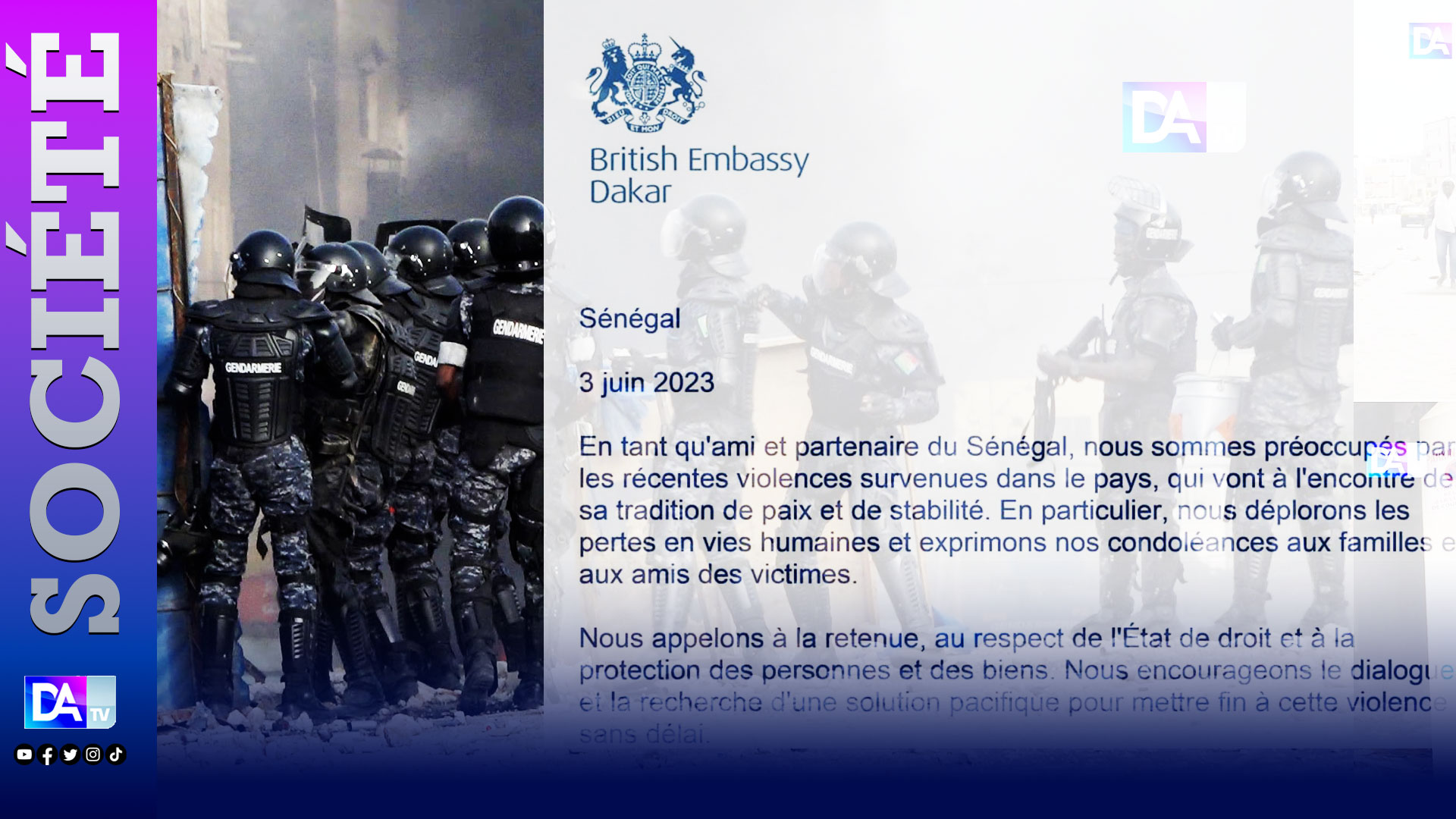 Sénégal : L’ambassade du Royaume-Uni fait part de sa préoccupation face aux violences meurtrières