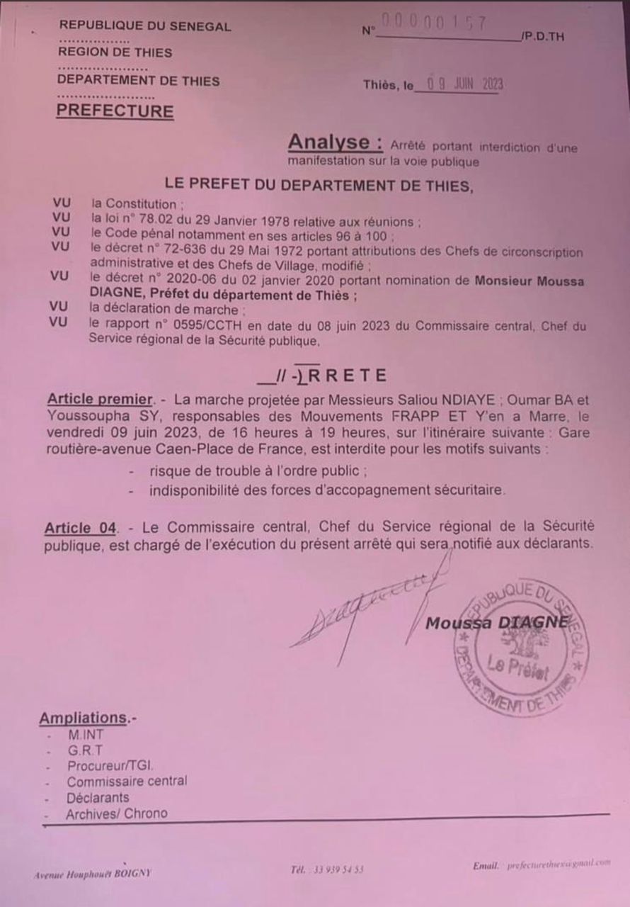 Thiès : L'autorisation de marche pacifique de Y 'en a marre et Frapp rejetée par le Préfet Moussa Diagne
