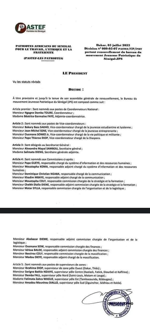 Pastef / Les Patriotes se réorganise : Ayib Daffé remplace Bassirou Diomaye Faye au SG du BP, Ngagne Demba Touré hérite de la JPS